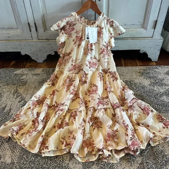 New Cottage Rose Floral Cotton Dress Romantic Knee Length Ruffle Detail Boho - Picture 3 of 5